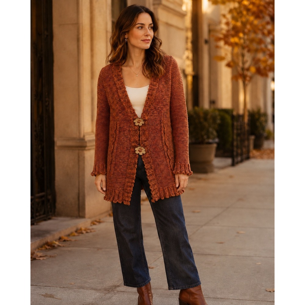 BCBGMAXAZRIA Cardigan L Rust Space Dye Ruffle Flower Button Fairy Grunge